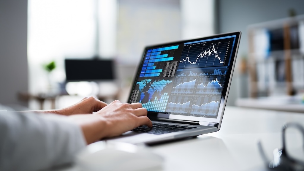 A business analyst working on a laptop displaying various charts and data analytics.