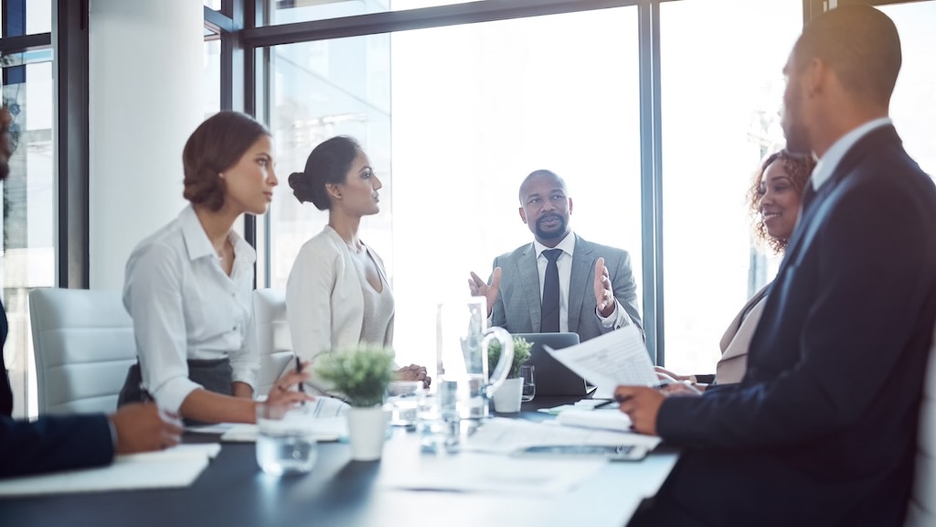 A diverse group of professionals engaged in a business meeting, with one person leading the discussion.