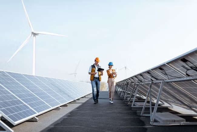 Two engineers, wearing safety helmets, walking along solar panels with wind turbines visible in the background.