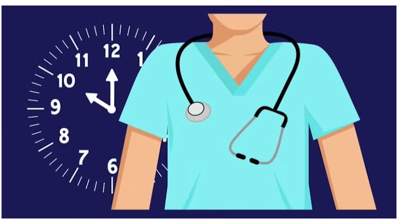 An illustration of a healthcare worker in scrubs with a stethoscope, emphasizing time management and shift work.