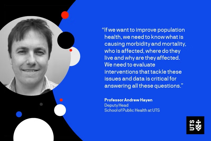 A quote from Professor Andrew Hayen about public health data, accompanied by his portrait on a blue background.