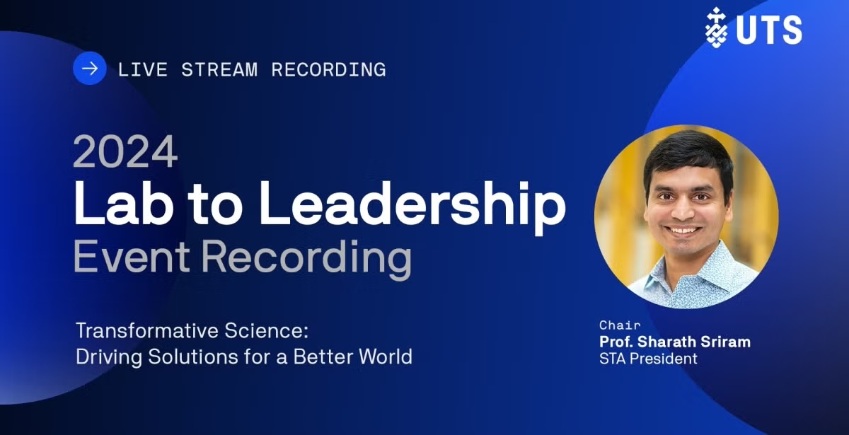 Banner for the 2024 Lab to Leadership event, featuring Prof. Sharath Sriram and the theme 'Transformative Science: Driving Solutions for a Better World.
