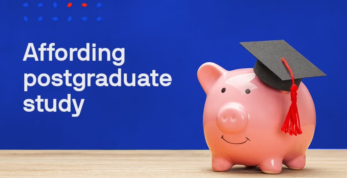 A piggy bank wearing a graduation cap, symbolizing financial planning for postgraduate education.