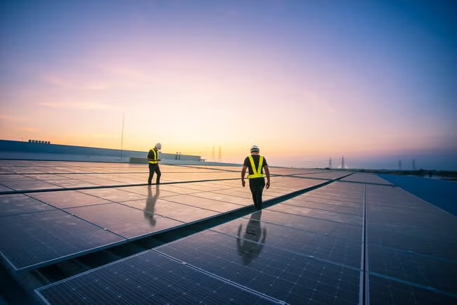 Two engineers in reflective vests walking on a large solar panel installation during sunset.