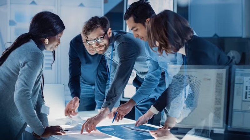 A group of professionals huddled around a digital interface, brainstorming ideas and discussing steps to advance technology leadership roles.