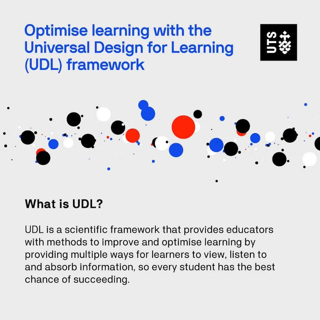 Graphic explaining the Universal Design for Learning (UDL) framework, focusing on providing multiple ways for students to engage and absorb information.