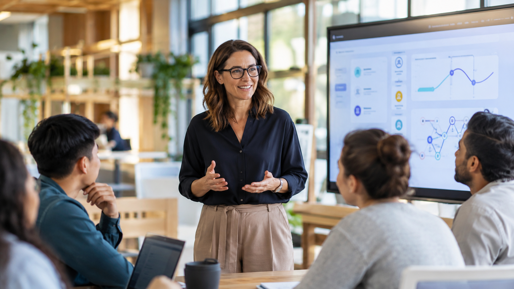 A learning leader facilitates a group discussion in a modern workspace, with an AI-style data dashboard displayed on a large screen behind them.
