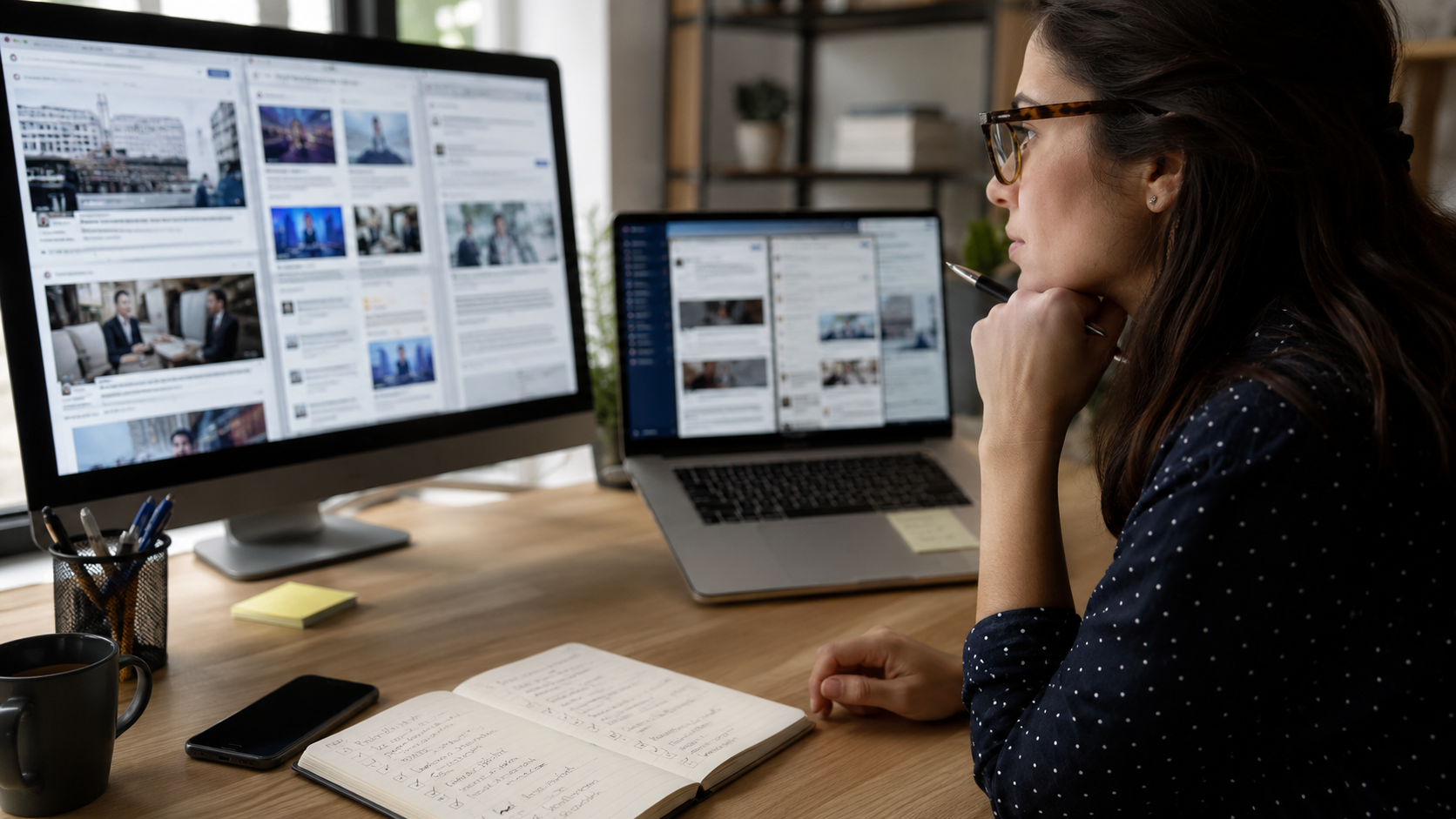 A split-screen style visual showing multiple online content sources, with one person carefully checking information before responding