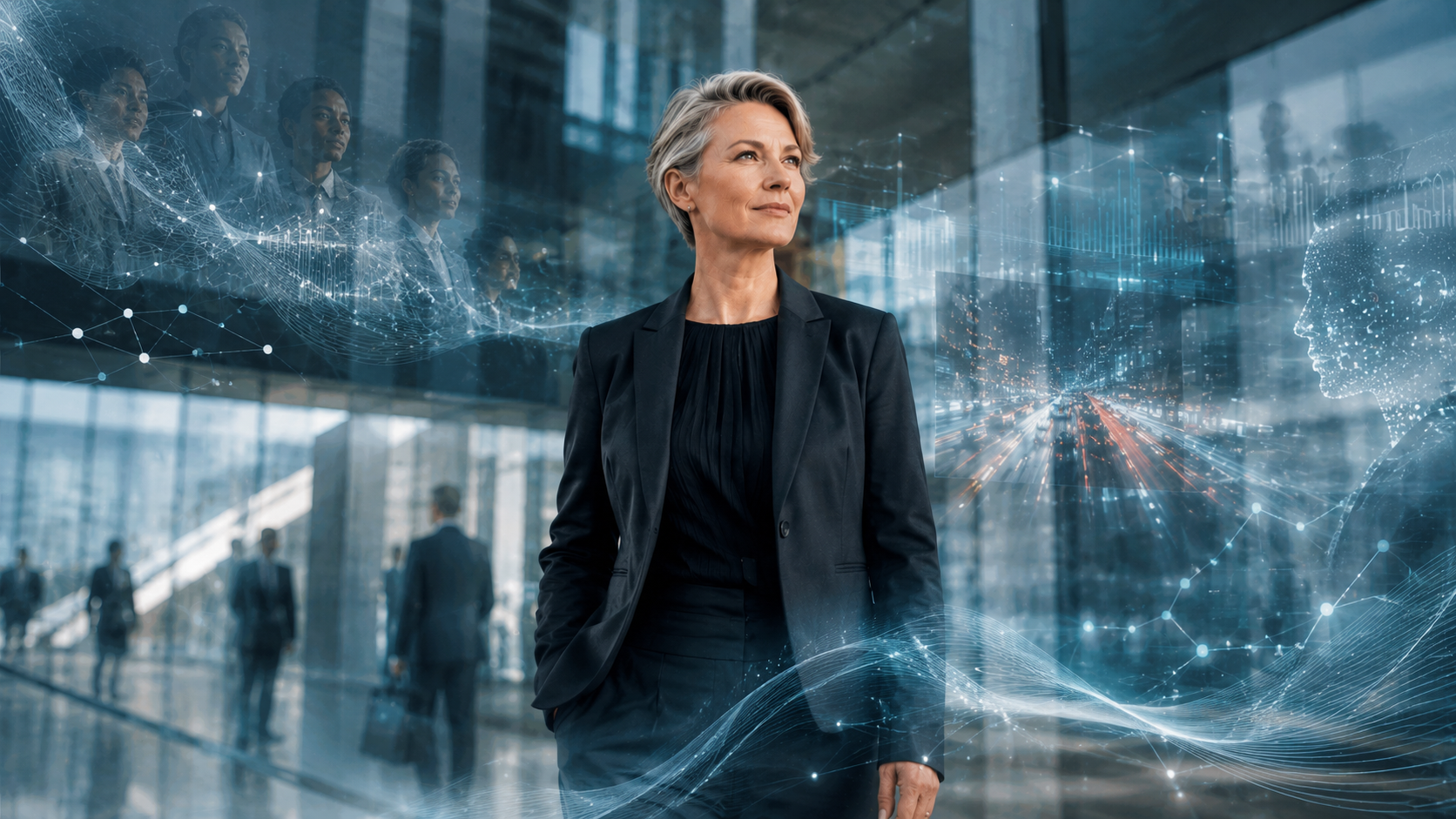 A strategic communication leader stands in a futuristic corporate atrium, surrounded by abstract digital signals representing AI, stakeholder trust, reputation and organisational influence.
