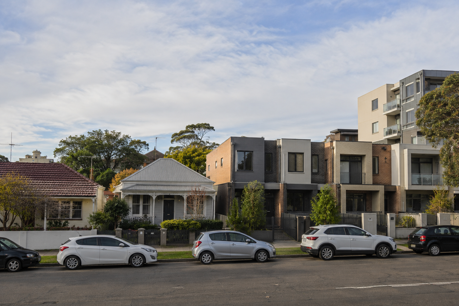 Australian streetscape showing detached houses, townhouses and low-rise apartments as examples of medium-density housing.