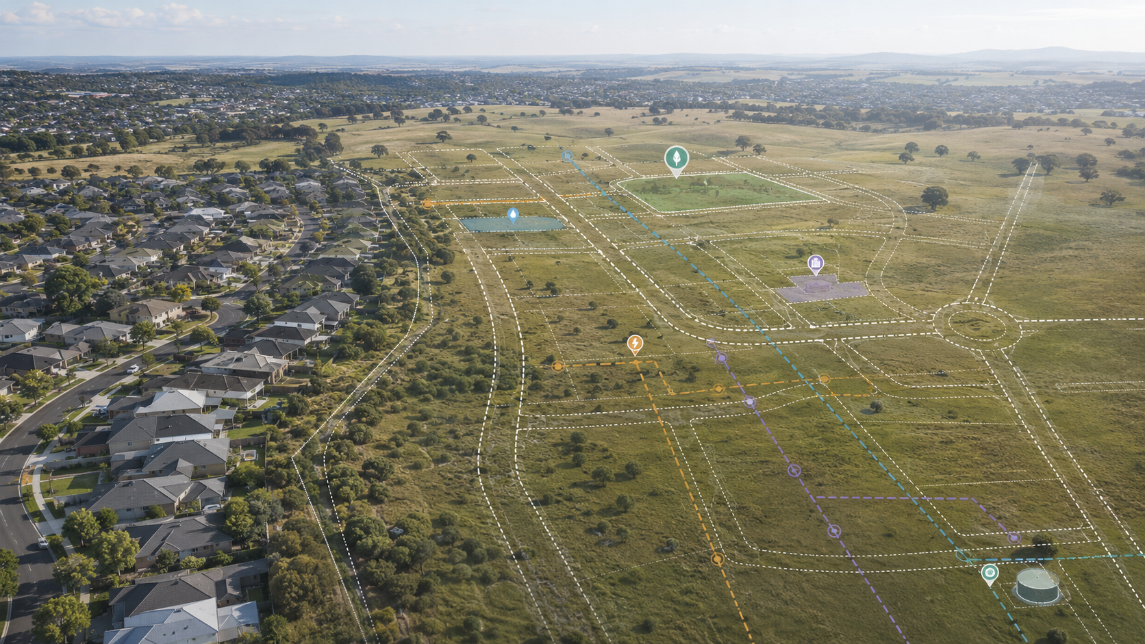 Greenfield land on the edge of a suburb with planning overlays showing future infrastructure routes.