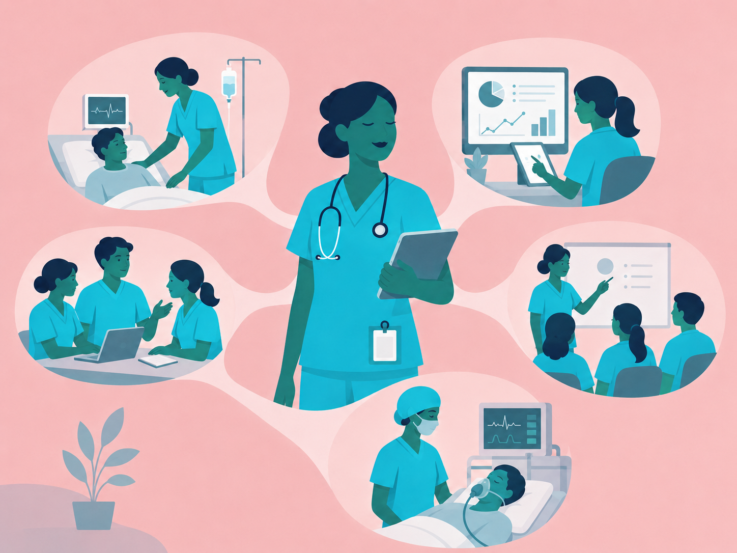 Illustration of a nurse surrounded by different nursing career pathways, including patient care, digital health, education, teamwork and critical care.