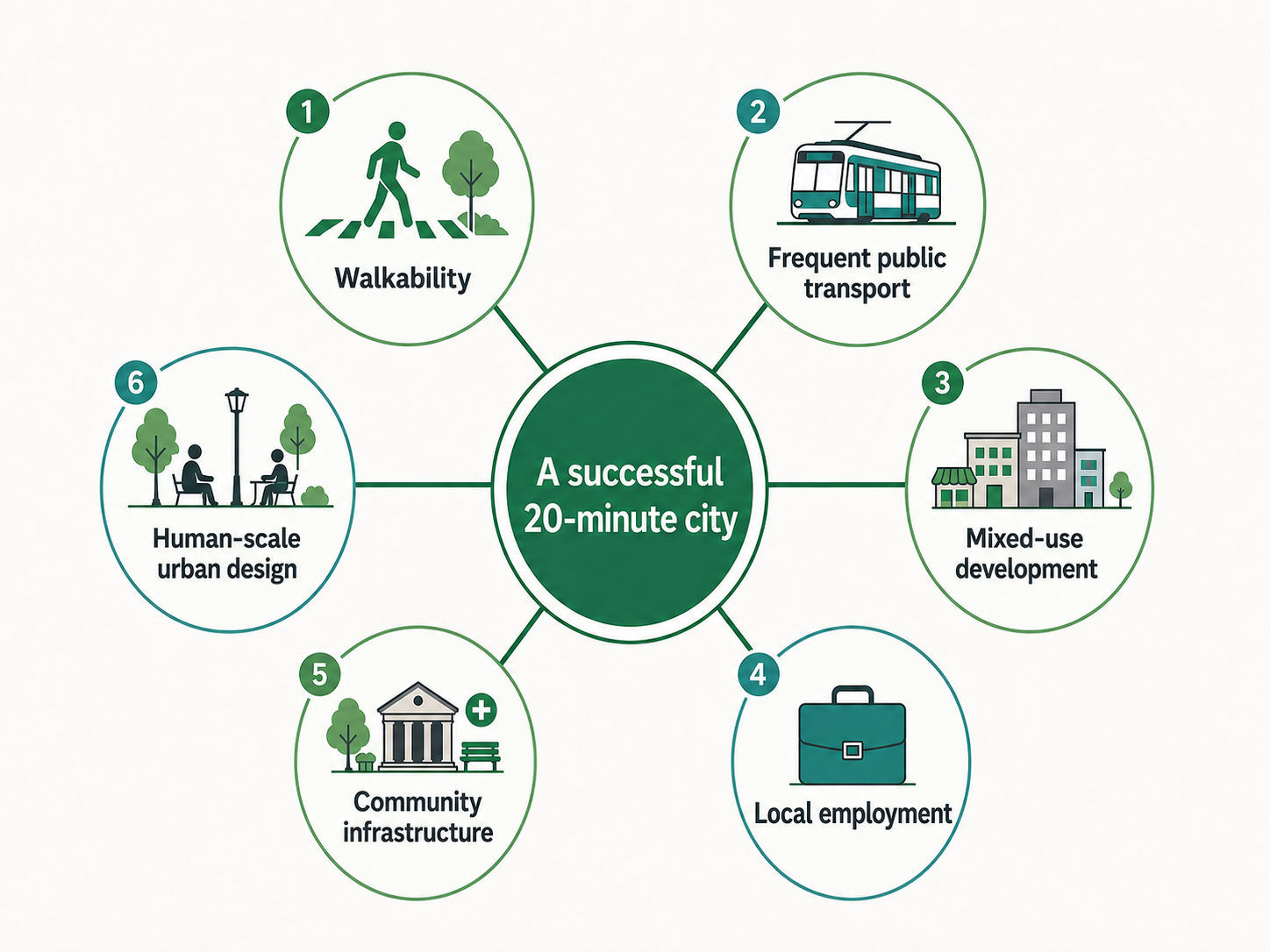 Infographic showing six connected elements of a successful 20-minute city walkability, frequent public transport, mixed-use development, local employment, community infrastructure and human-scale urban design.