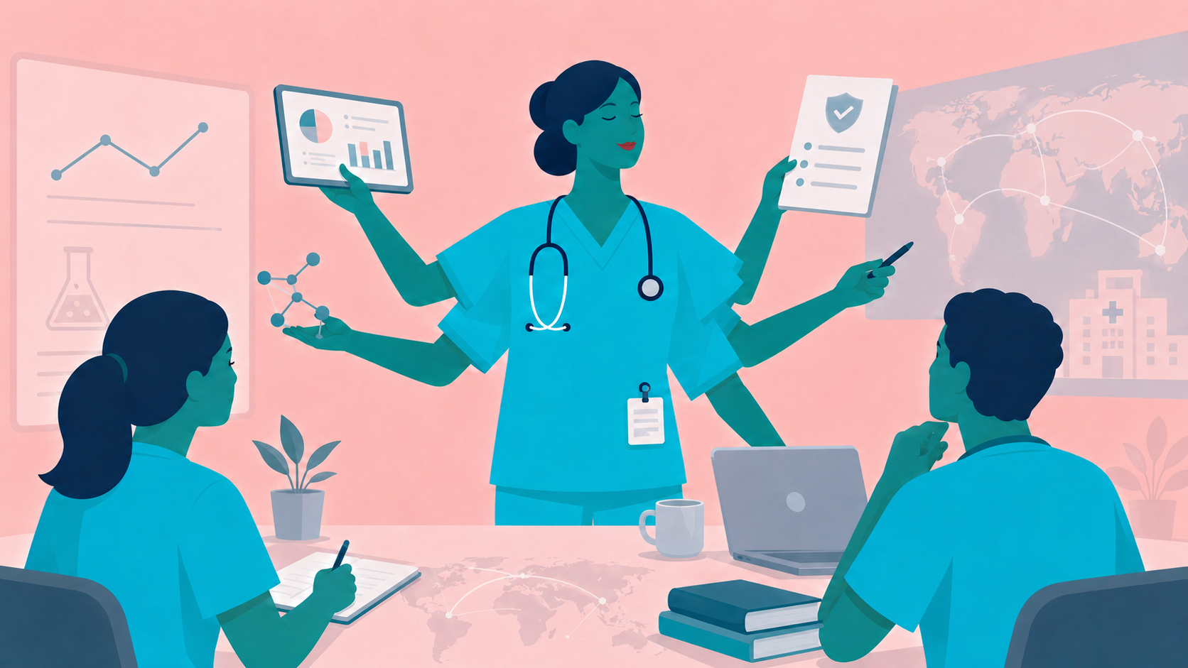 Illustration of an advanced nurse leading research, policy and healthcare strategy discussions, representing the broader leadership pathways of a Master of Advanced Nursing.