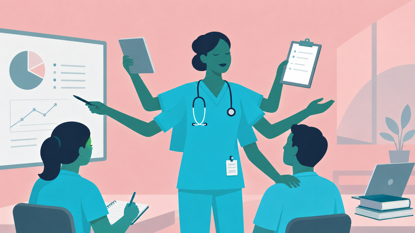 Illustration of a nurse educator teaching and mentoring future nurses, representing clinical education, leadership and postgraduate nursing pathways.