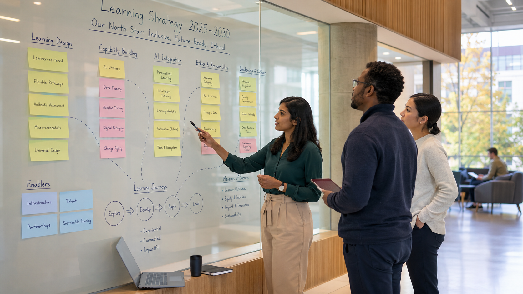Three learning professionals reviewing a future learning strategy on a glass wall with sticky notes about AI integration, capability building and ethical education leadership.