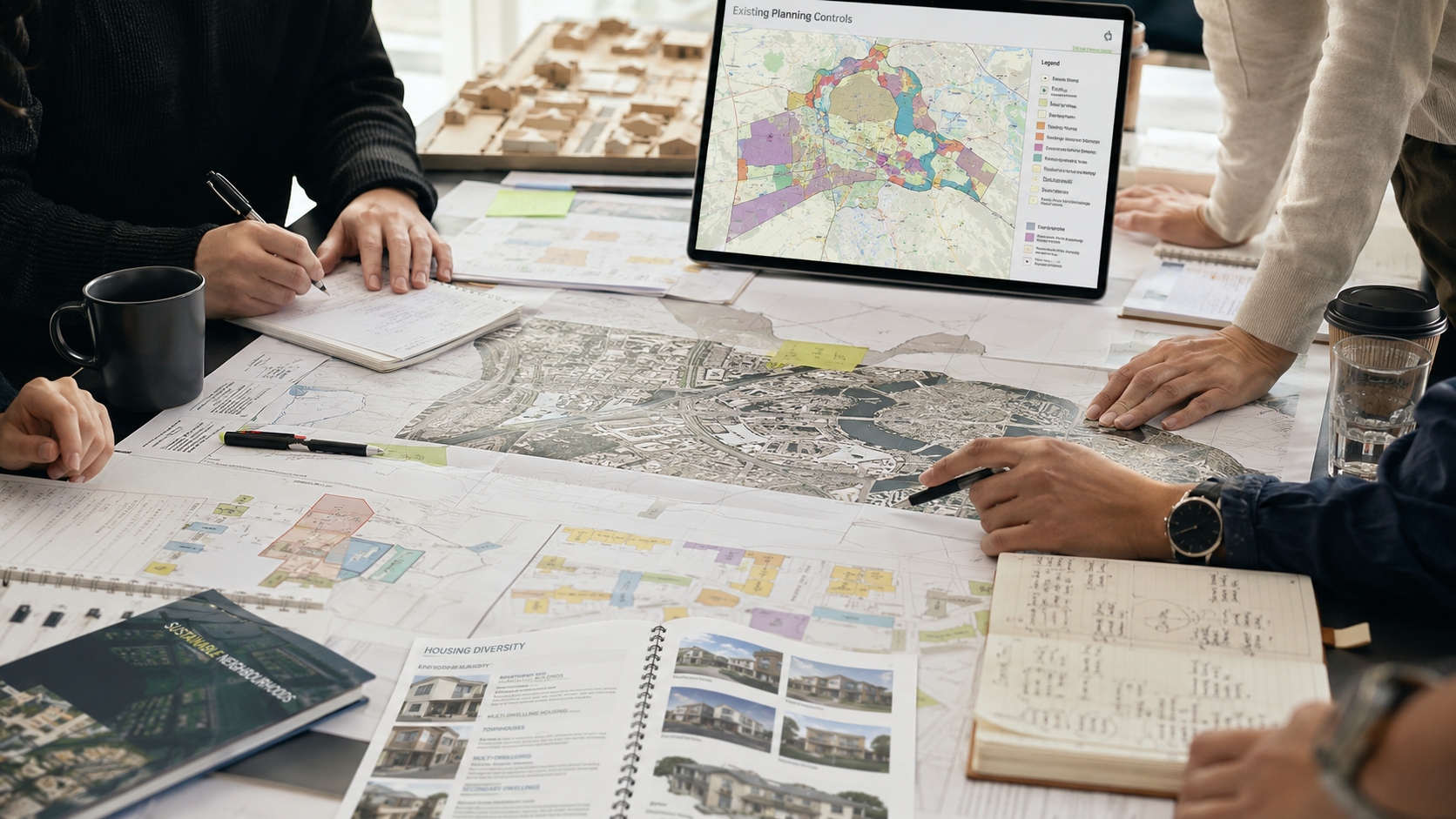 Urban planning professionals reviewing maps and spatial data in a collaborative workspace.