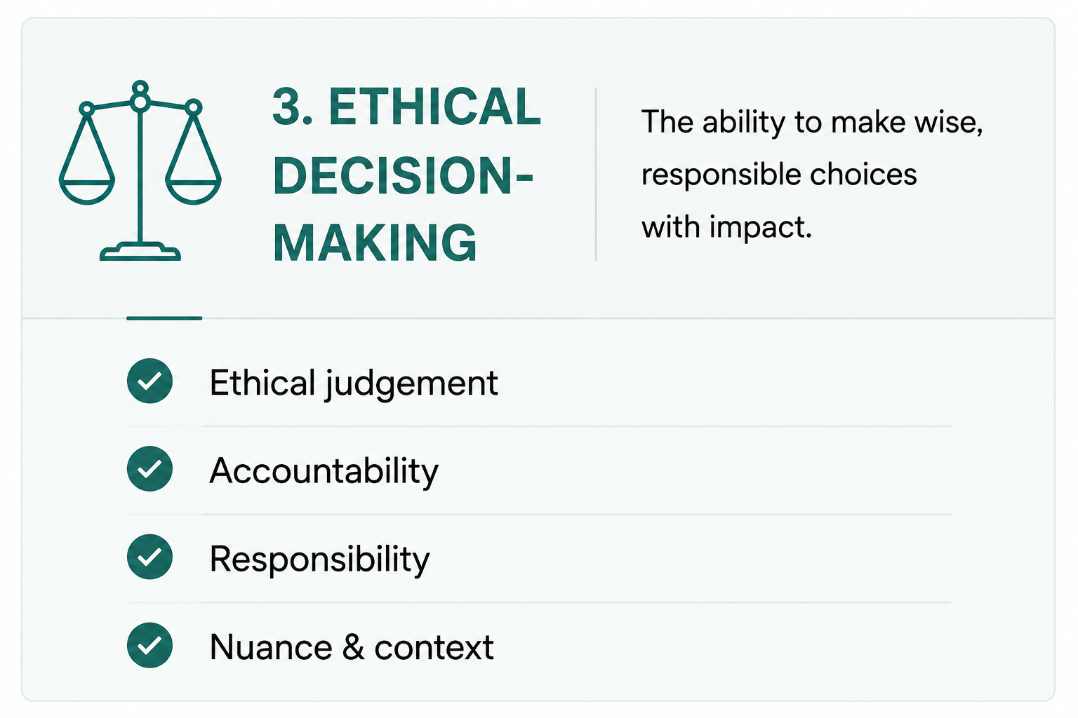 Ethical decision-making skills for AI-resistant careers, including ethical judgement, accountability, responsibility and understanding context.