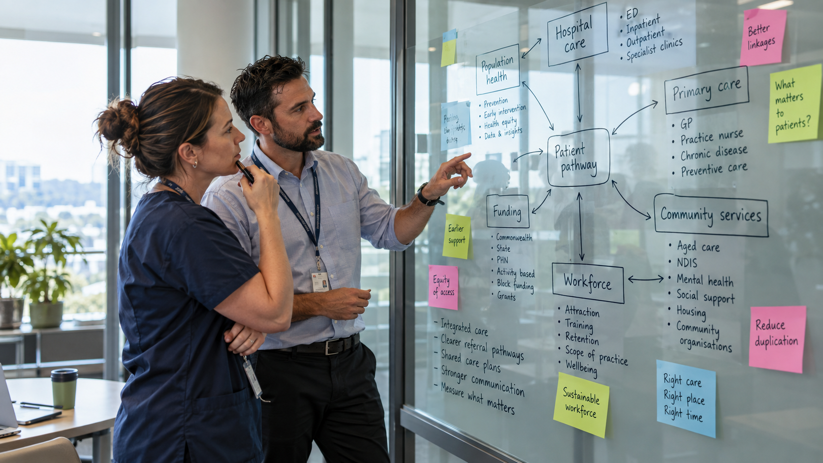 Healthcare professionals mapping connections across hospital care, primary care, community services, funding, workforce and patient pathways.