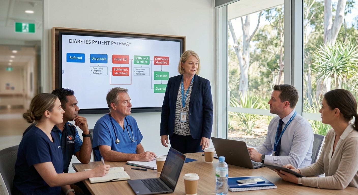 Healthcare professional facilitating a multidisciplinary team discussion about patient pathways, service improvement and organisational change.