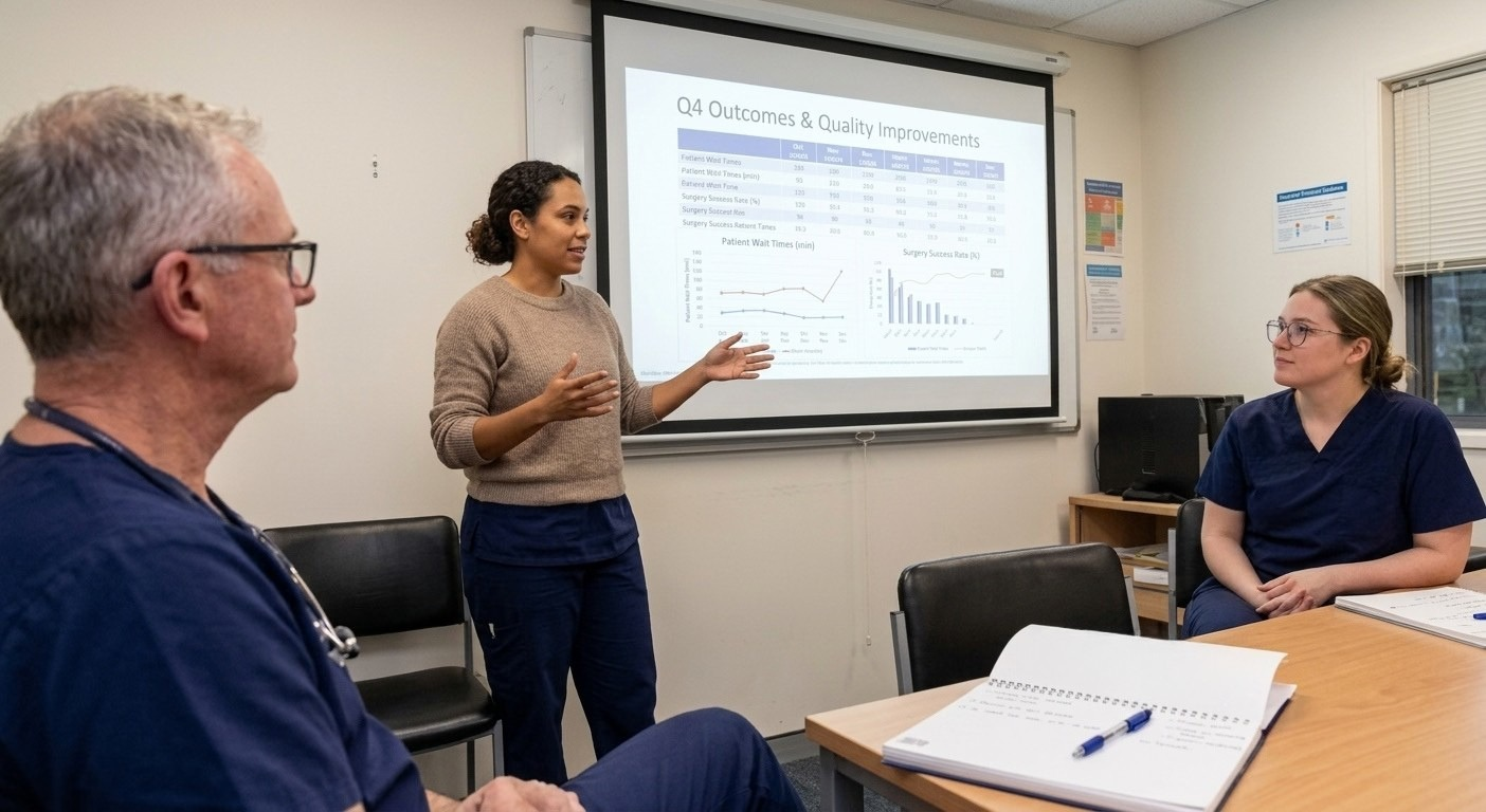 A healthcare presenter standing in front of a projection screen showing quality improvement metrics and wait times, gesturing while speaking to two colleagues seated at a meeting table.