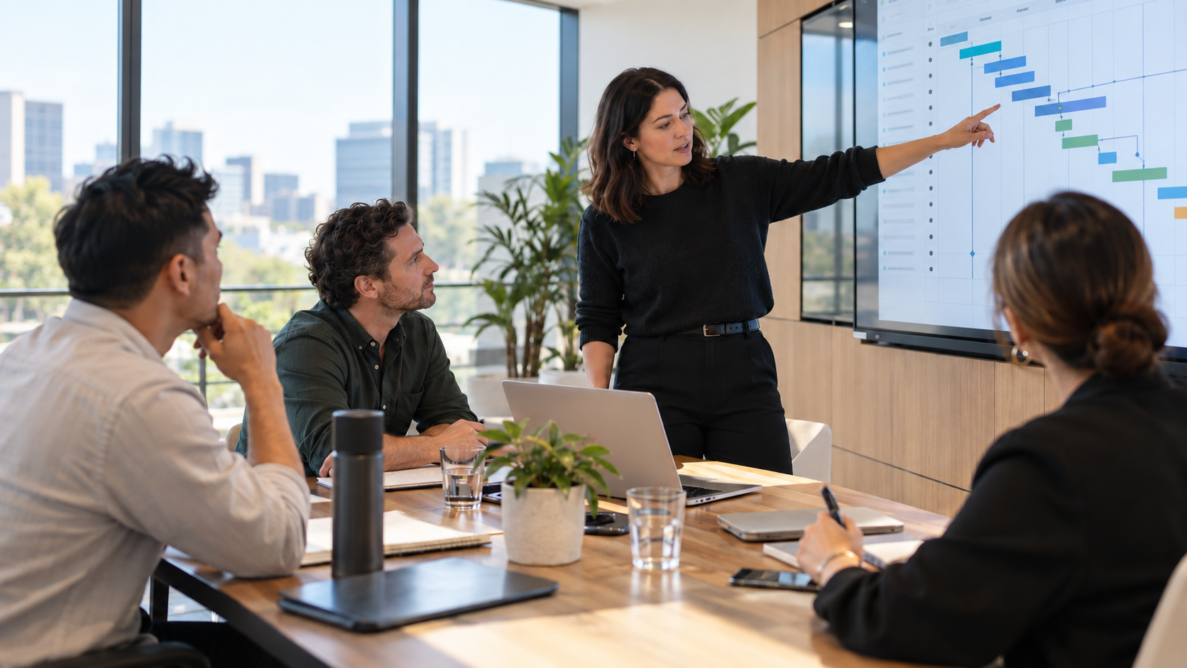 Project Manager working with a cross-functional team to plan and coordinate a project in a modern workplace.