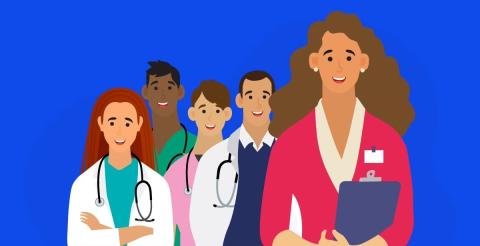 An illustration of healthcare professionals standing together, representing teamwork in the medical field.