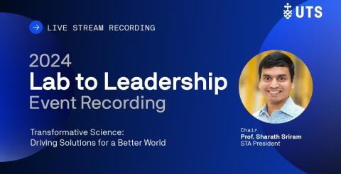 Banner for the 2024 Lab to Leadership event, featuring Prof. Sharath Sriram and the theme 'Transformative Science: Driving Solutions for a Better World.