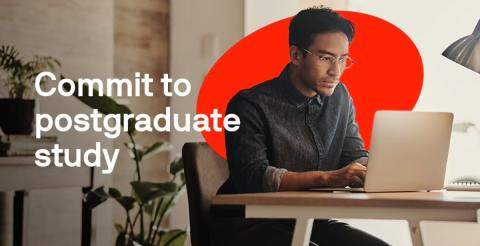 A focused student working on his laptop with the text "Commit to postgraduate study" overlaid.