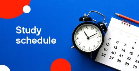 A clock and calendar with the text "Study schedule" on a bright blue background, accompanied by red and white design elements.