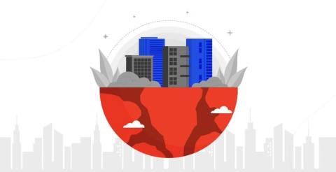 Illustration of buildings emerging from a cracked red sphere, symbolizing urban planning and sustainability.