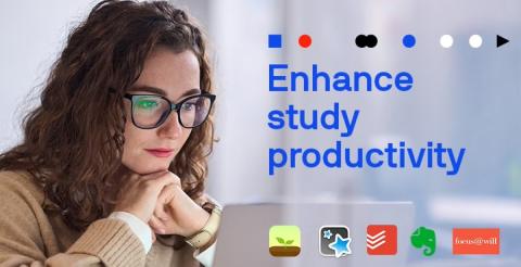 A focused woman wearing glasses, working on her laptop with text reading "Enhance study productivity" alongside productivity app icons.