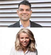 A portrait of a man and woman representing marketing leadership roles.