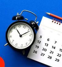 A clock and calendar with the text "Study schedule" on a bright blue background, accompanied by red and white design elements.