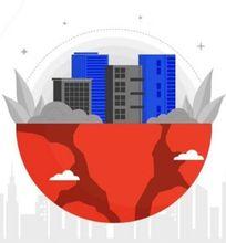 Illustration of buildings emerging from a cracked red sphere, symbolizing urban planning and sustainability.