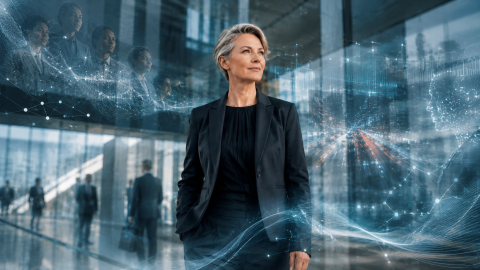 A strategic communication leader stands in a futuristic corporate atrium, surrounded by abstract digital signals representing AI, stakeholder trust, reputation and organisational influence.