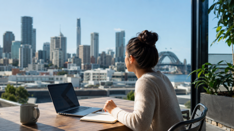 A student studies online from an outdoor terrace overlooking a city skyline, representing flexible learning with a globally recognised university.