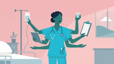 Illustration of a multitasking nurse managing patient care, documentation and clinical tools, representing the many roles and future pathways of nursing.