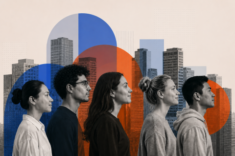 Diverse group of young professionals facing forward with abstract geometric overlays and city buildings, symbolising career growth and opportunity