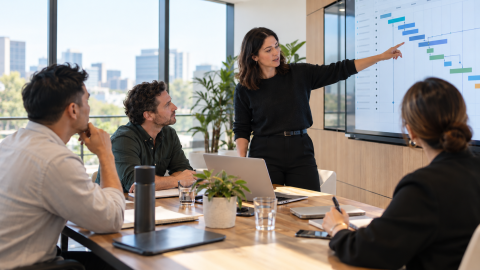 Project Manager working with a cross-functional team to plan and coordinate a project in a modern workplace.