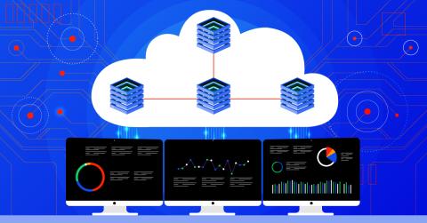 A conceptual illustration of three computer monitors displaying graphs and charts, surmounted by a cloud in which are floating five interconnected, latticed cubes representing data.