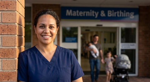 A smiling Midwifery Unit Manager in navy scrubs standing near a brick wall outside a hospital entrance marked Maternity & Birthing, with a family visible in the blurred background.