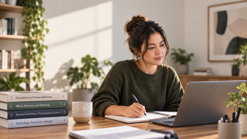 Student studying psychology online at home with psychology books and a laptop.