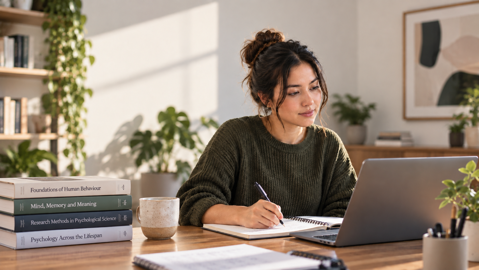 Student studying psychology online at home with psychology books and a laptop.