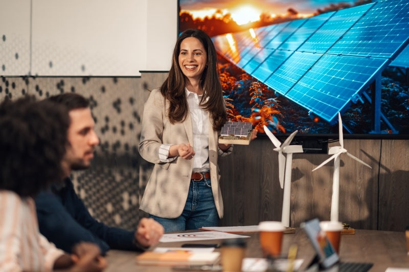 A sustainable energy leader presenting a project about solar panels to a group of people in a meeting.