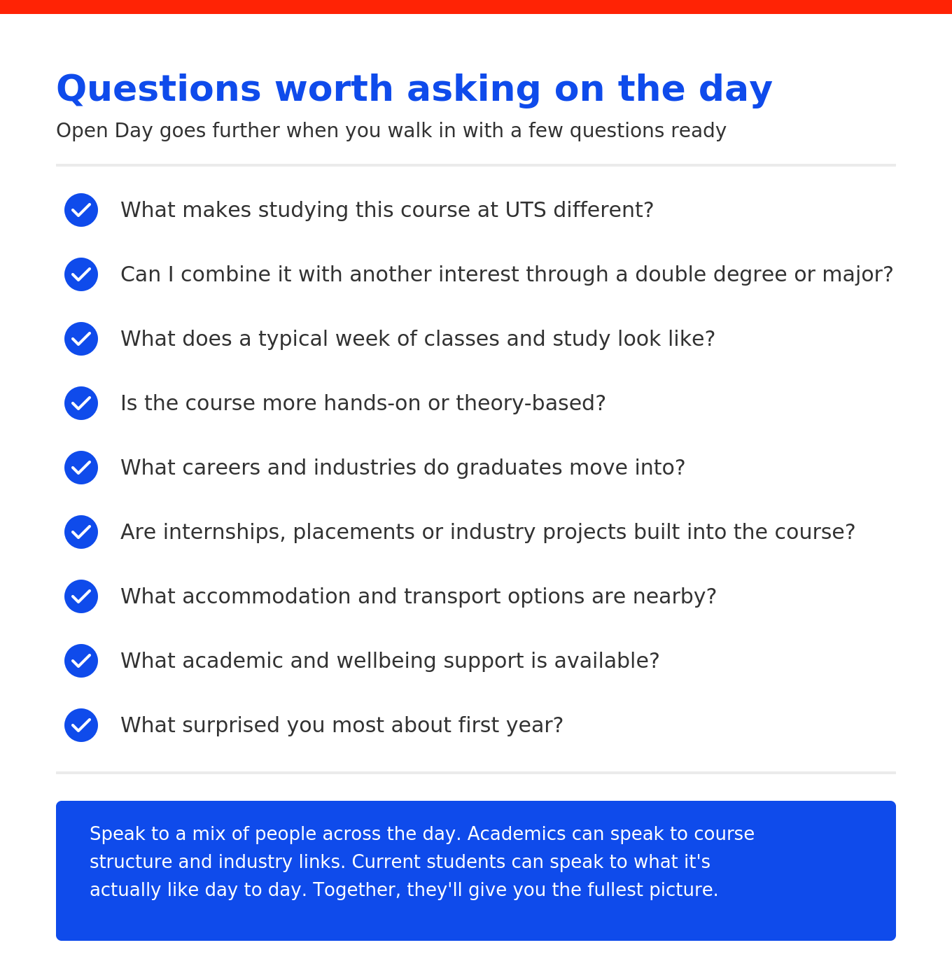 List of nine questions to ask academics and students at UTS Open Day, covering course structure, career outcomes, industry experience, accommodation and support services.